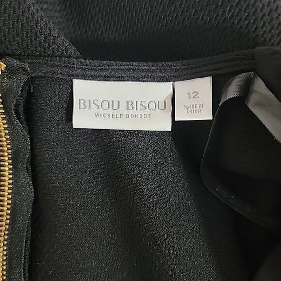 Bisou Bisou Black Ruched V-Neck Dress Gold Zipper Asym Hem Size 12 Stretchy - Picture 6 of 7